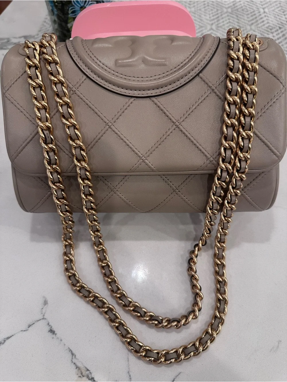 Tory Burch Quilted Shoulder Bag in Taupe